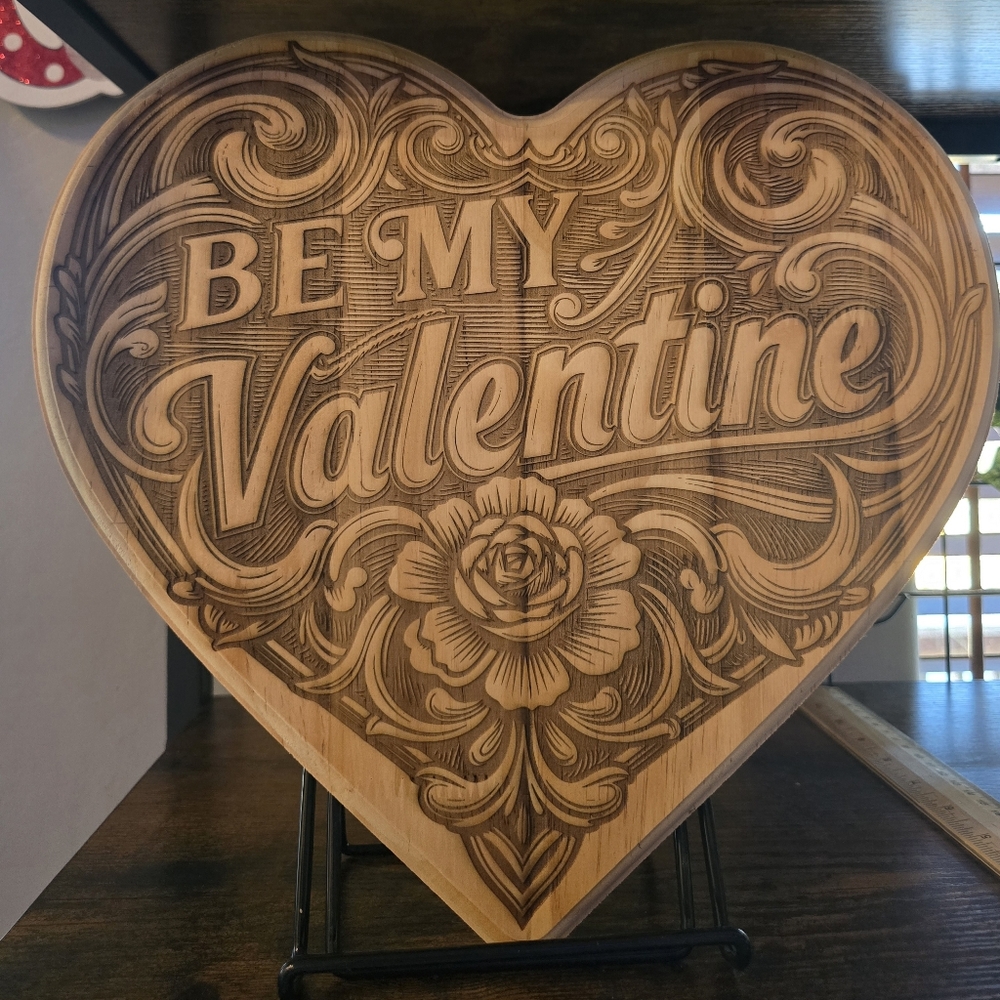 Be my Valentine12 Inch Heart-Shaped Laser Engraved Wooden Plaque, With stand.